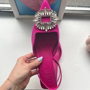 Zara Rhinestone Buckle Slingback Mule Kitten Heel Bright Pink